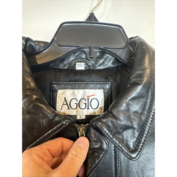 Vintage AGGIO Black Leather Bomber Jacket Mens Large Motorcycle Biker Streetwear - Picture 2 of 11
